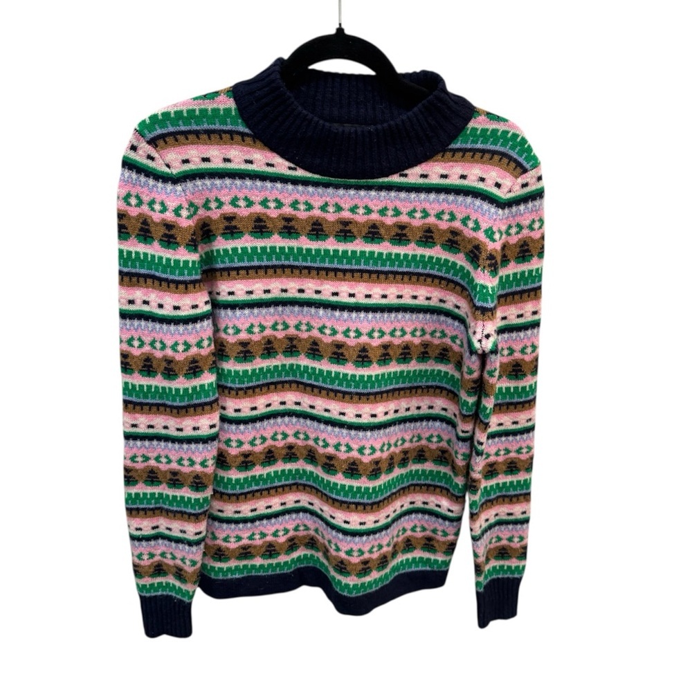 J.Crew Fair Isle Crew Neck Sweater Navy Pink Print Medium Cabin Cozy Striped